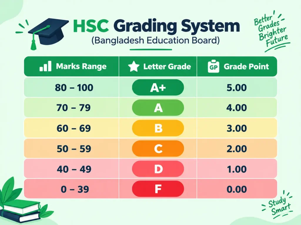 HSC grading system Bangladesh Education Board with marks range, letter grades, and grade points