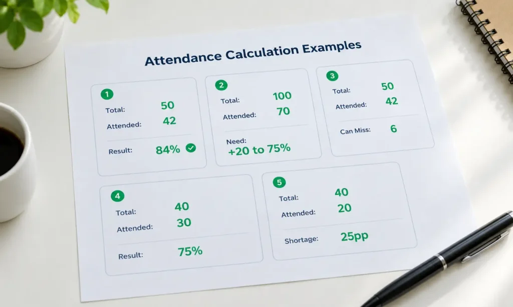 Attendance formula examples showing five calculation scenarios with results