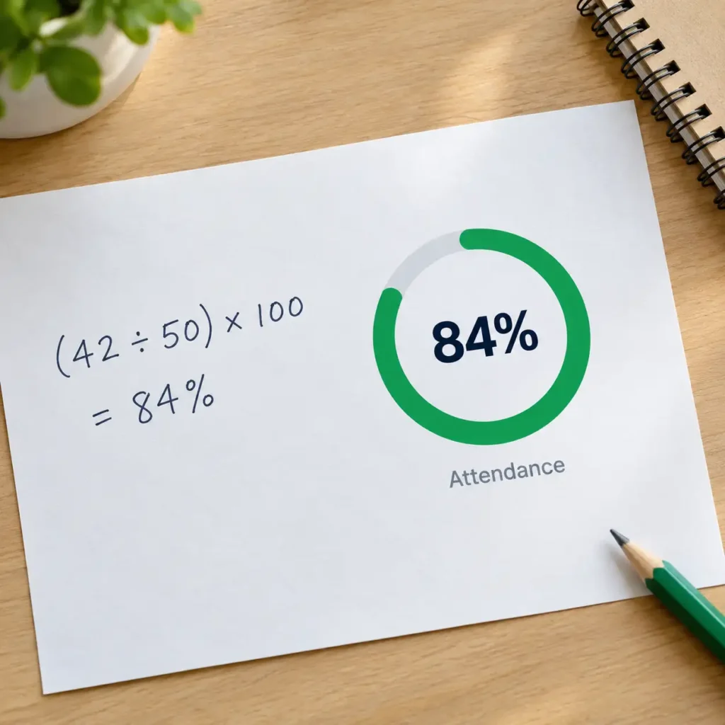 	Attendance percentage calculation showing 84% in a green progress ring