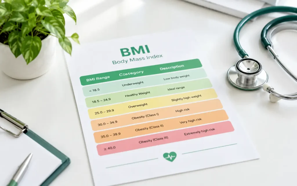 Adult BMI categories chart showing underweight below 18.5, healthy weight 18.5 to 24.9, overweight 25 to 29.9, and obesity 30 and above