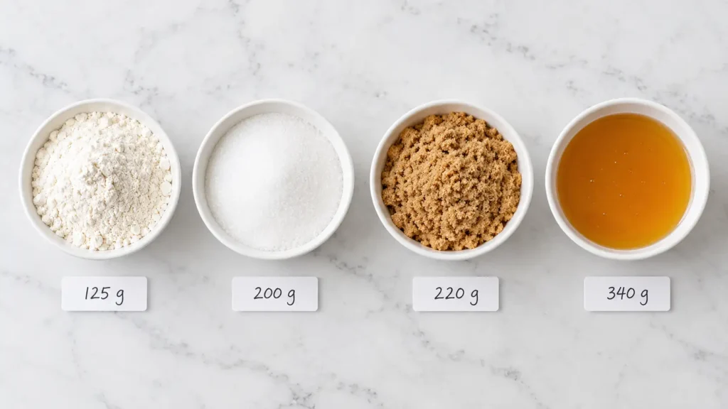 One cup of different ingredients weighs different amounts in grams