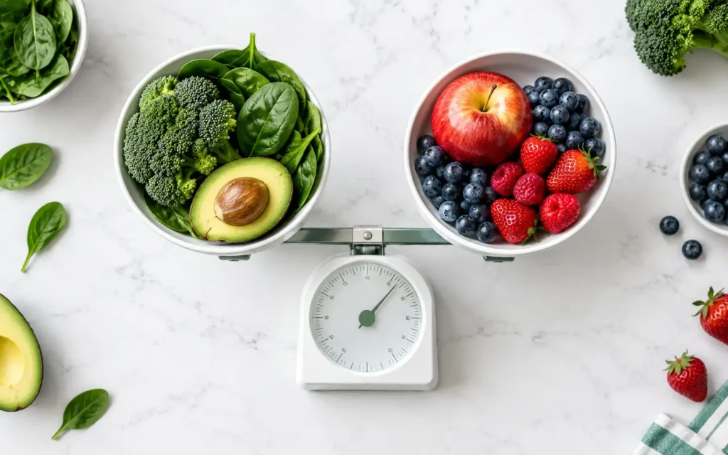 Healthy weight range illustration showing a balanced scale with fresh fruits and vegetables representing a healthy lifestyle