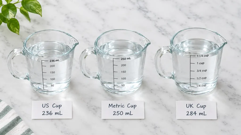US cup, metric cup, and UK cup showing different volumes in milliliters