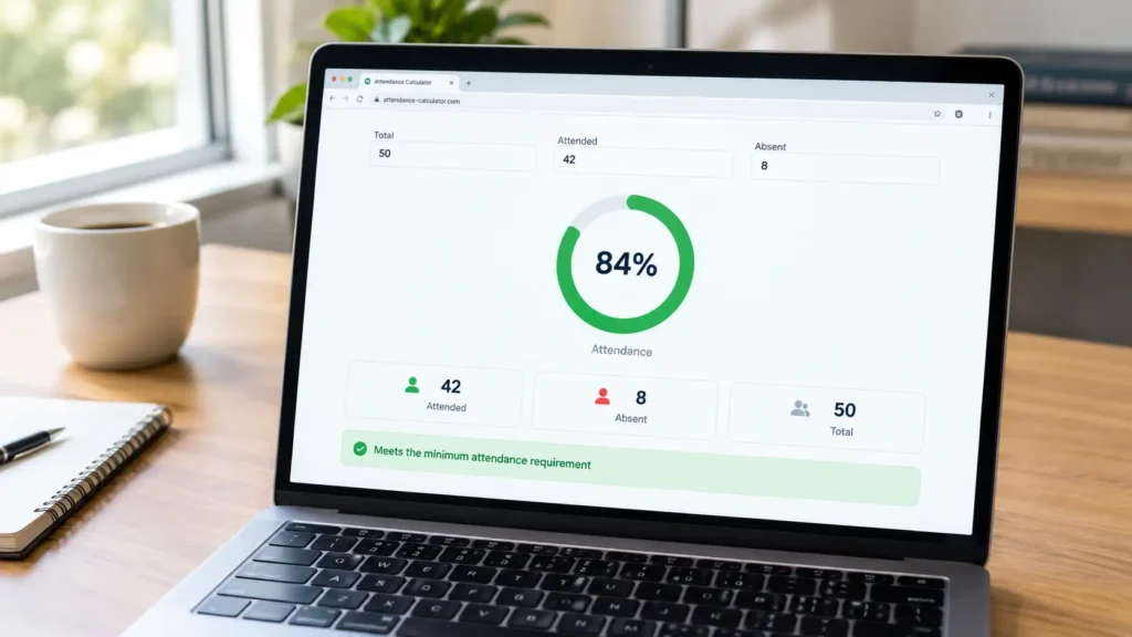 	Attendance calculator showing 84% result with 42 attended and 8 absent