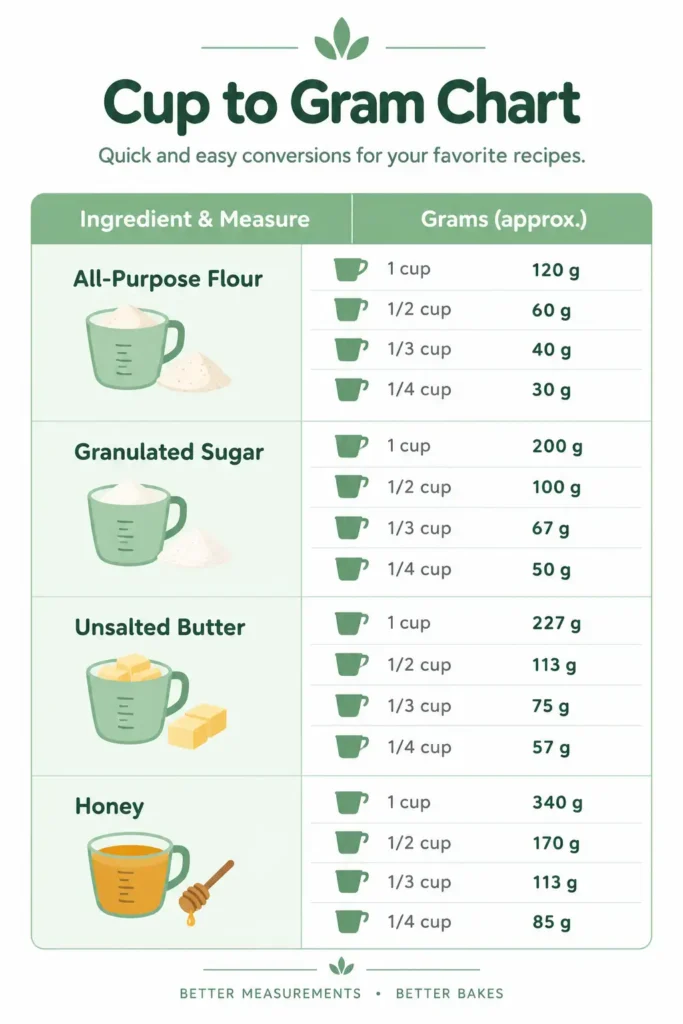 Cup to gram conversion chart for common baking ingredients