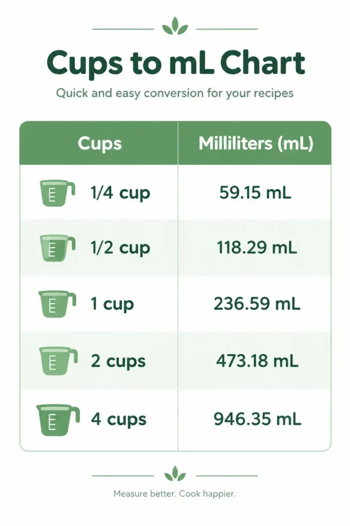 Cups to milliliters conversion chart for common amounts