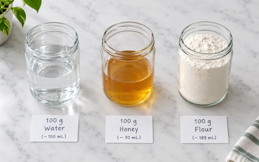 100 grams of water, honey, and flour showing different volumes in milliliters