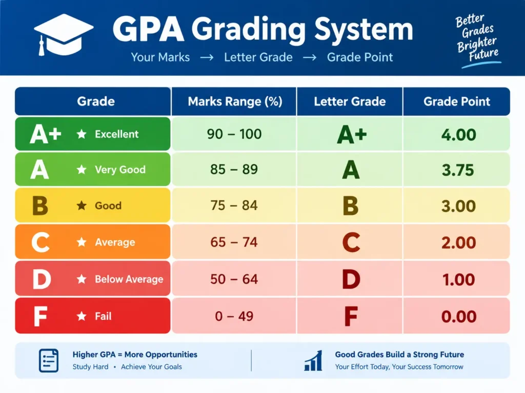 US grading system 4.00 scale with letter grades and grade points