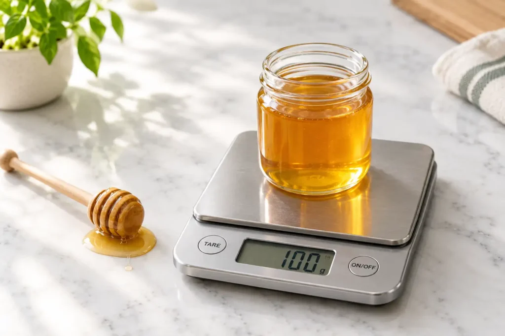 Weighing honey in grams on a digital kitchen scale