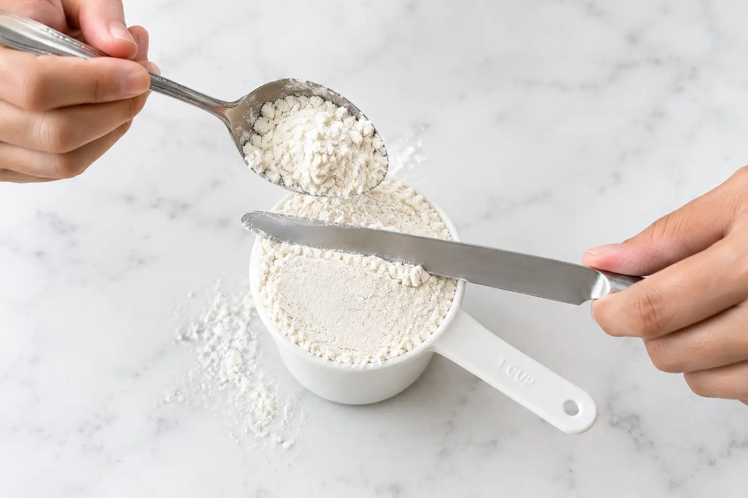 Spoon and level method for measuring flour in a cup
