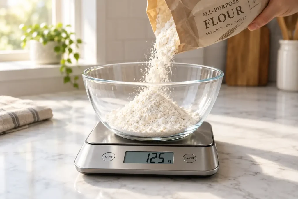 Weighing flour on a digital kitchen scale in grams