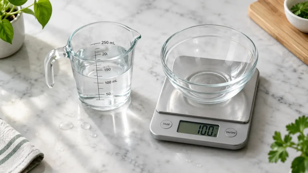 Grams to milliliters converter with glass measuring jug and digital kitchen scale