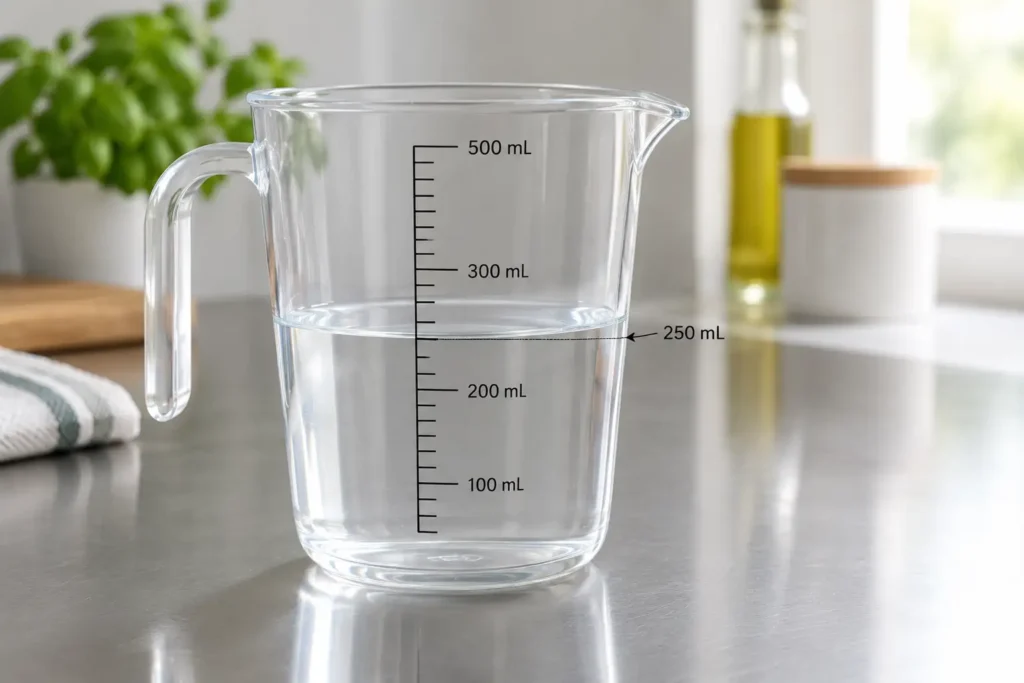 Measuring water in milliliters with a kitchen measuring jug