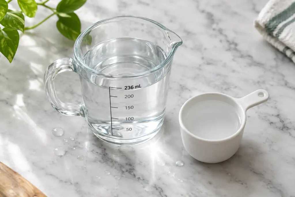 Cups to milliliters converter with glass measuring jug and ceramic cup