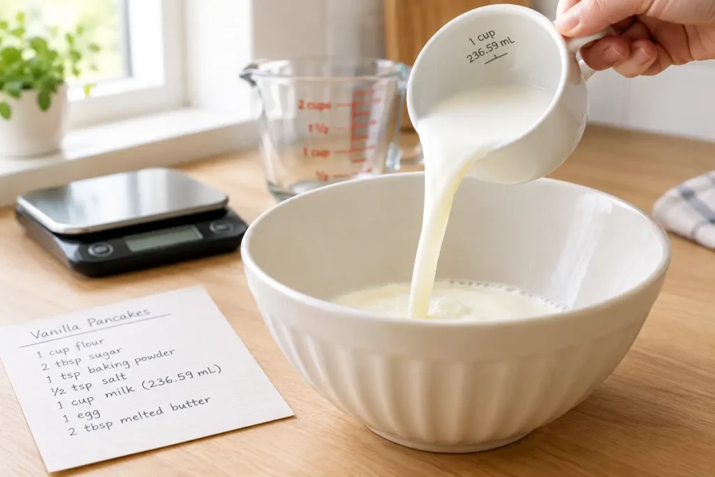 Adding 1 cup of milk (236.59 mL) to a mixing bowl for a recipe
