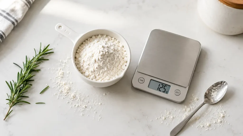 Cup to gram converter with measuring cup, flour, and digital kitchen scale