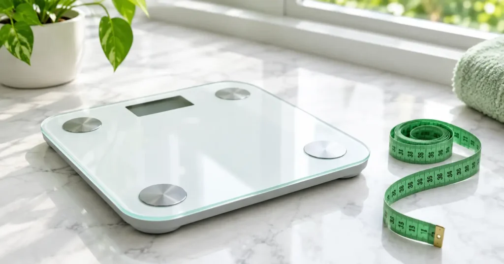 Free online BMI Calculator tool showing a digital weight scale and measuring tape for calculating Body Mass Index