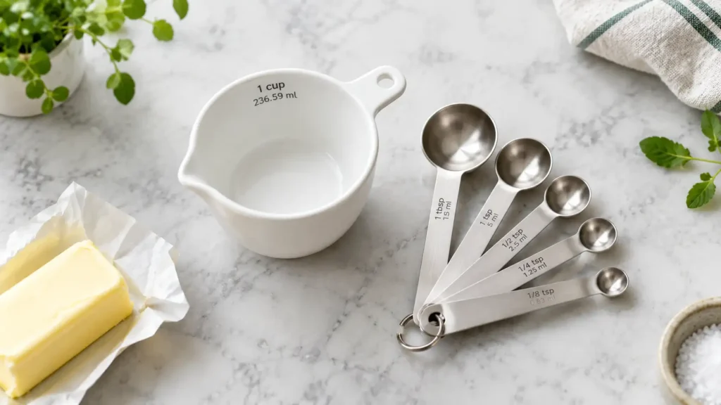 Cups to tablespoons converter with measuring cup and stainless steel measuring spoons