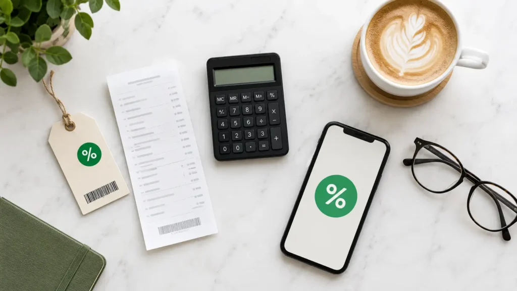 Flat lay of everyday items used for percentage calculations — shopping tag, receipt, calculator, and coffee cup