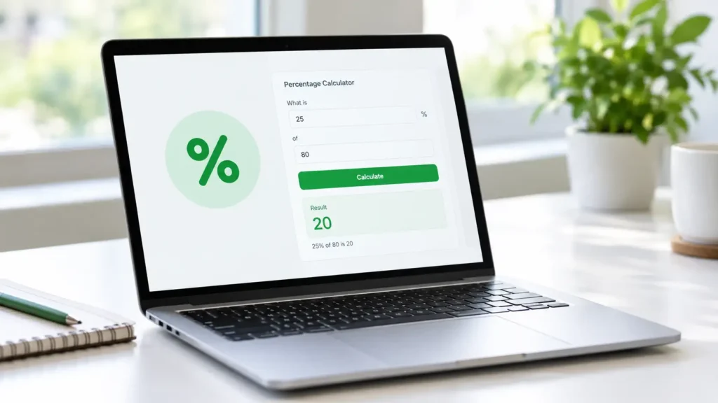 Free online percentage calculator showing percent results on a laptop screen