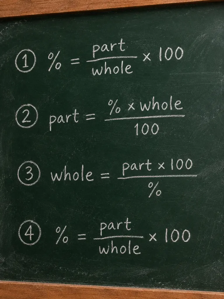 Four basic percentage formulas written on a chalkboard