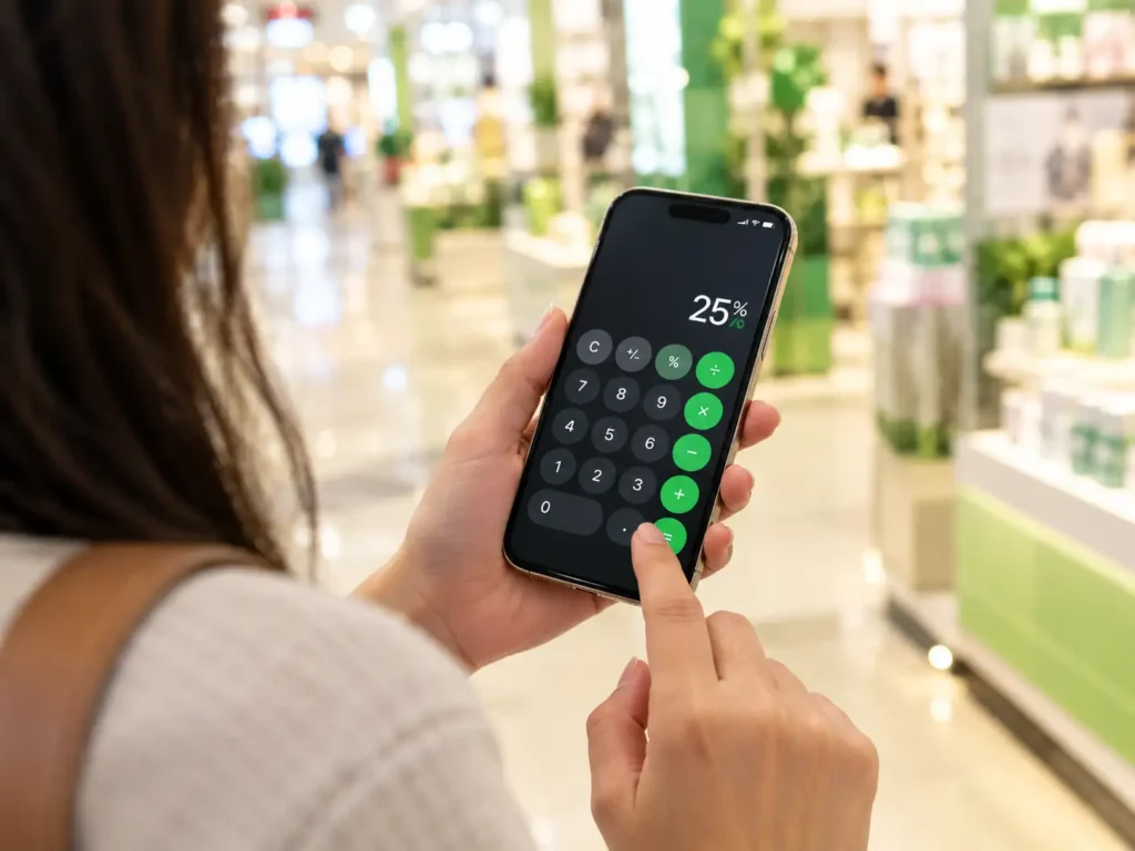 Person using a percentage calculator on a smartphone to check a discount