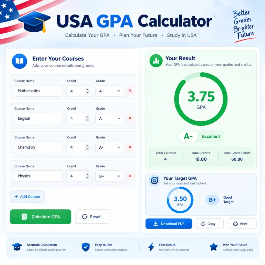 USA GPA calculator result example showing 3.44 GPA on 4.00 scale