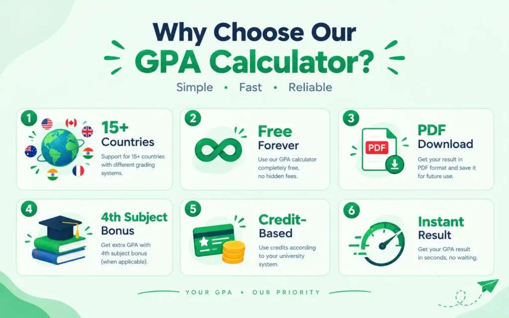 Why use our GPA Calculator — 15+ countries, free PDF download, instant results